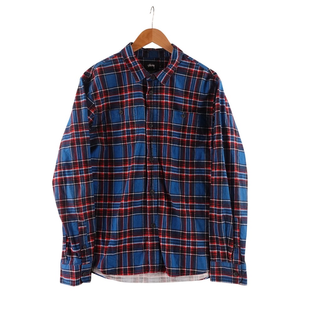 Stussy Mens Large Blue Red Plaid Flannel Button Down Shirt Cotton Long Sleeve